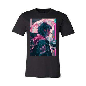 Vaporwave Cyberpunk Aesthetic Retro Japan Neon Girl Rain Emo Anime Tee